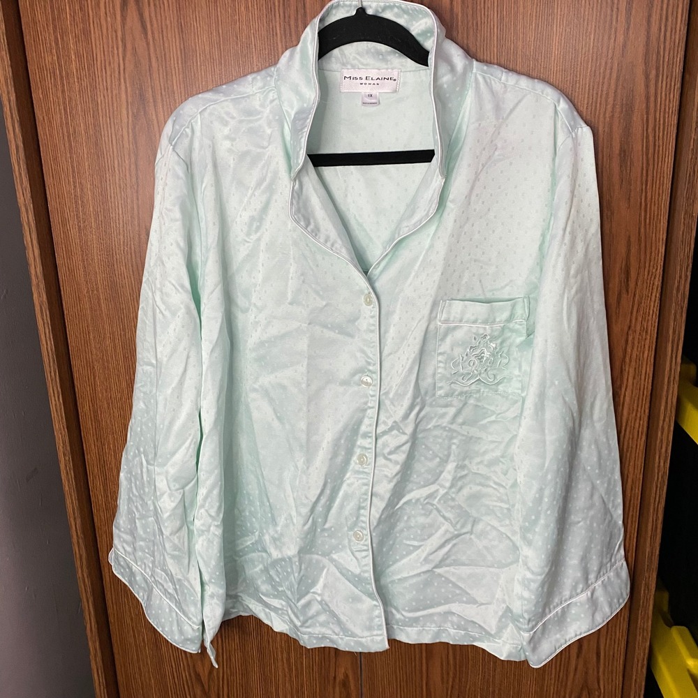 Miss Elaine Pajama Set Women 1X Mint Green Satin Jacquard Dot